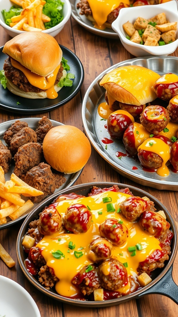 Versatile Hamburger Recipes for 3 Pounds of Ground Beef A variety of ground beef dishes including cheeseburgers, meatballs, and casserole on a wooden table.